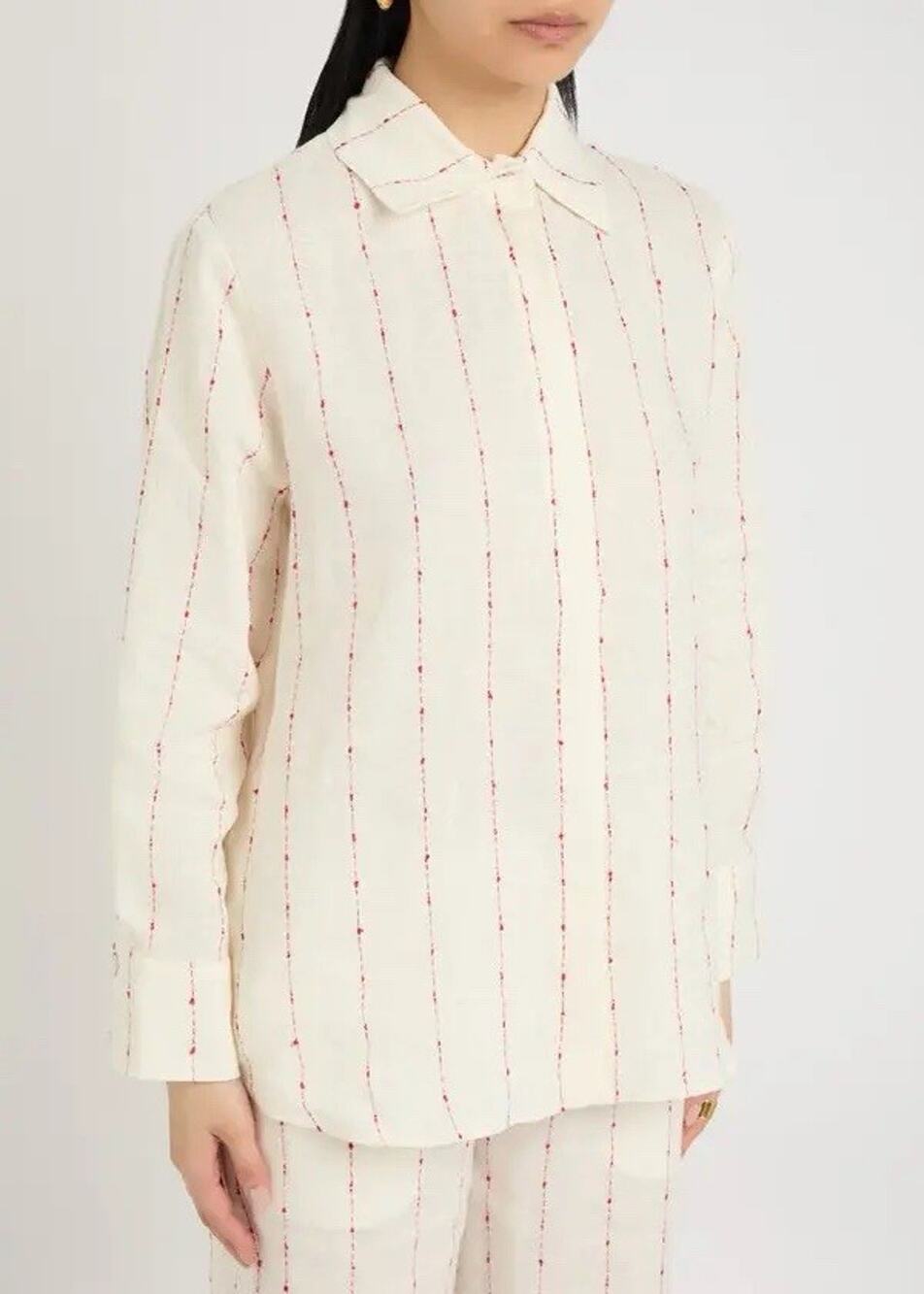 Son De Flor White Printed Embroidered Linen Button Down S/M